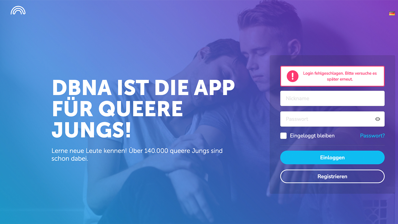 Die Startseite der DBNA-Community. In weißer Schrift steht dort der Slogan: DBNA ist die App für queere Jungs! Rechts daneben ist eine Anmeldemaske, die den Login mit folgenden Worten verweigert: Login Fehlgeschlagen. Bitte versuche es später erneut.